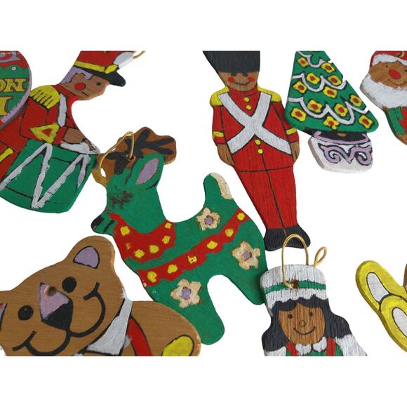 Vintage Wooden Christmas Ornaments Hand Painted Double Sided Set of 28 - Picture 4 of 7